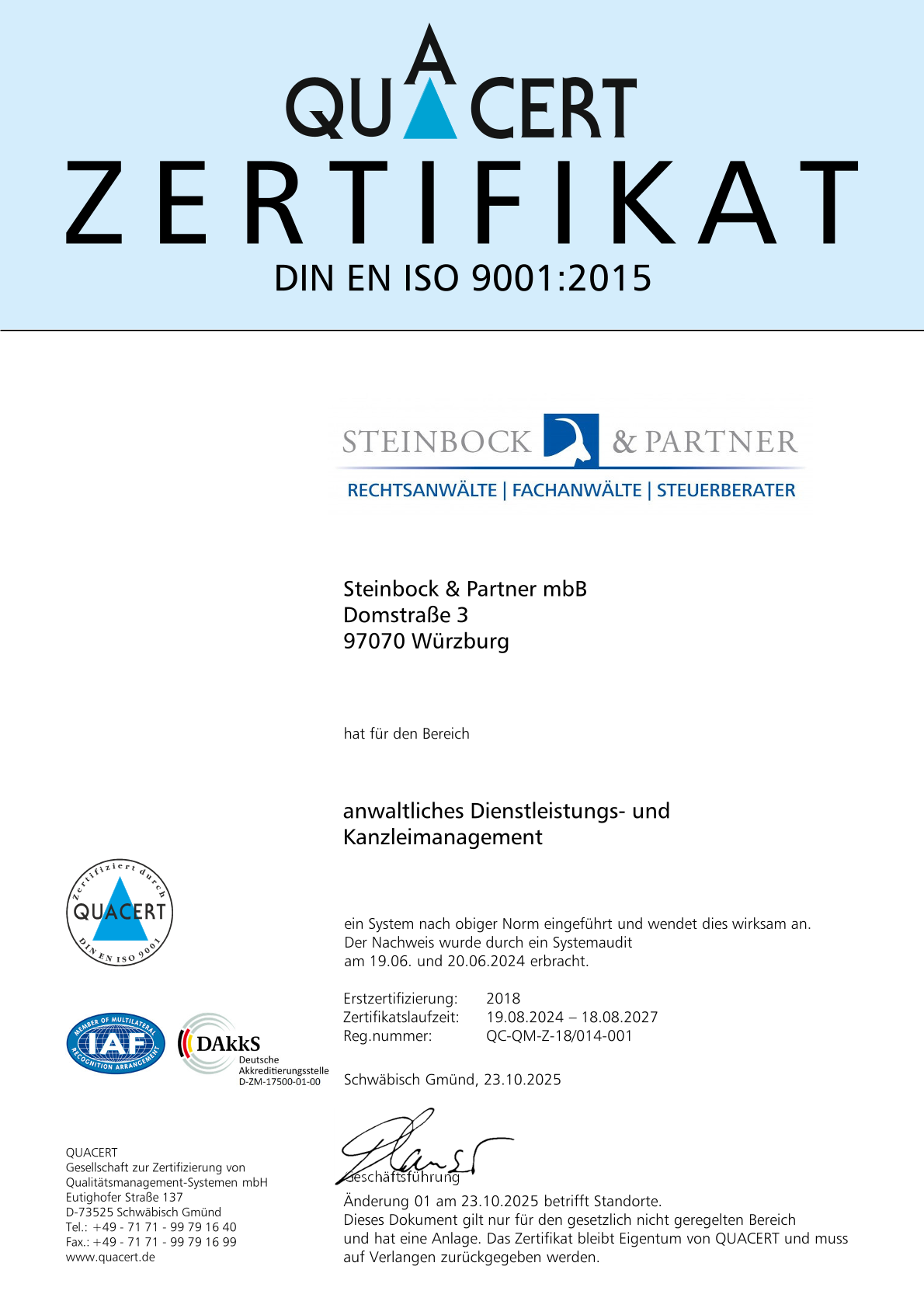 Iso Zertifikat DIN EN ISO 9001 2015 Steinbock und Partner