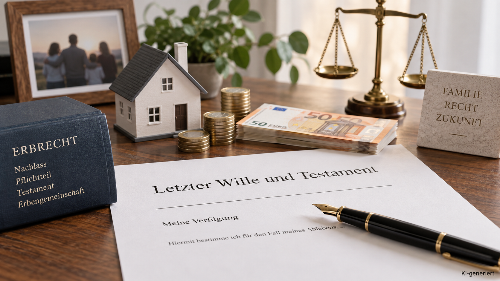 Pflichtteilsanspruch Erbrecht Pflichtteil visualisiert mit Geld, Haus und Testament