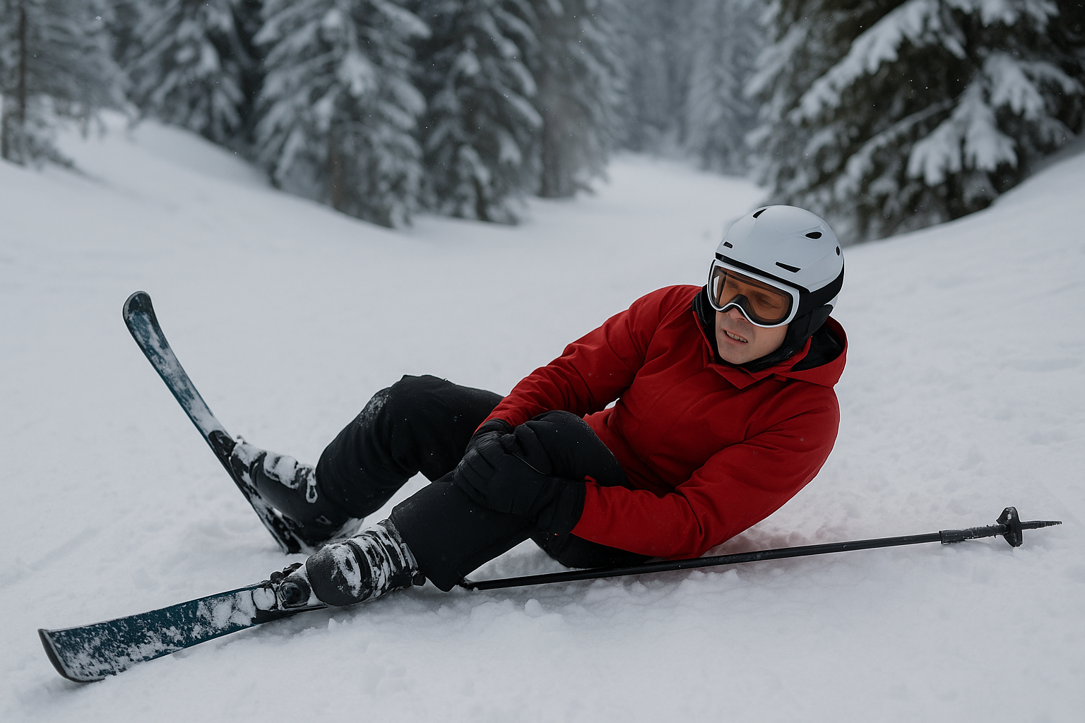 Verunfallter Skifahrer sitzt verletzt im Schnee – Symbolbild für Skiunfall