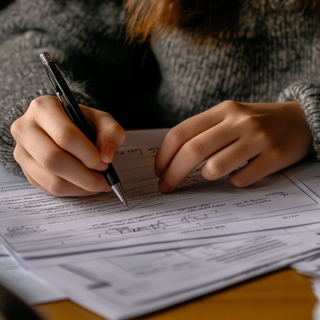Person füllt mit einem Kugelschreiber ein Formular zur Erbschaftsteuererklärung aus.