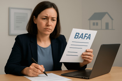 Eine Frau haelt einen BAFA Bescheid in den Haenden